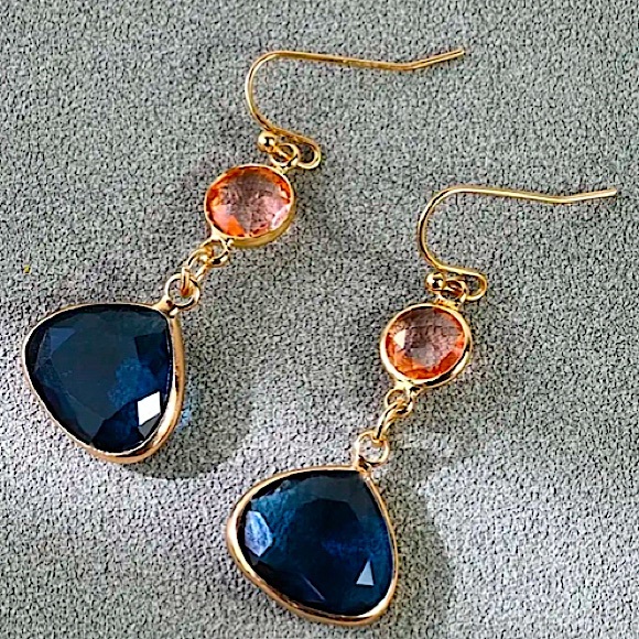 Gold Sapphire and Pink Dangle Earrings - Picture 1 of 9